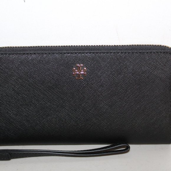 NWT TORY BURCH EMERSON ZIP CONTINENTAL WRISTLET BLACK CLUTCH BAG $278 - Picture 1 of 7